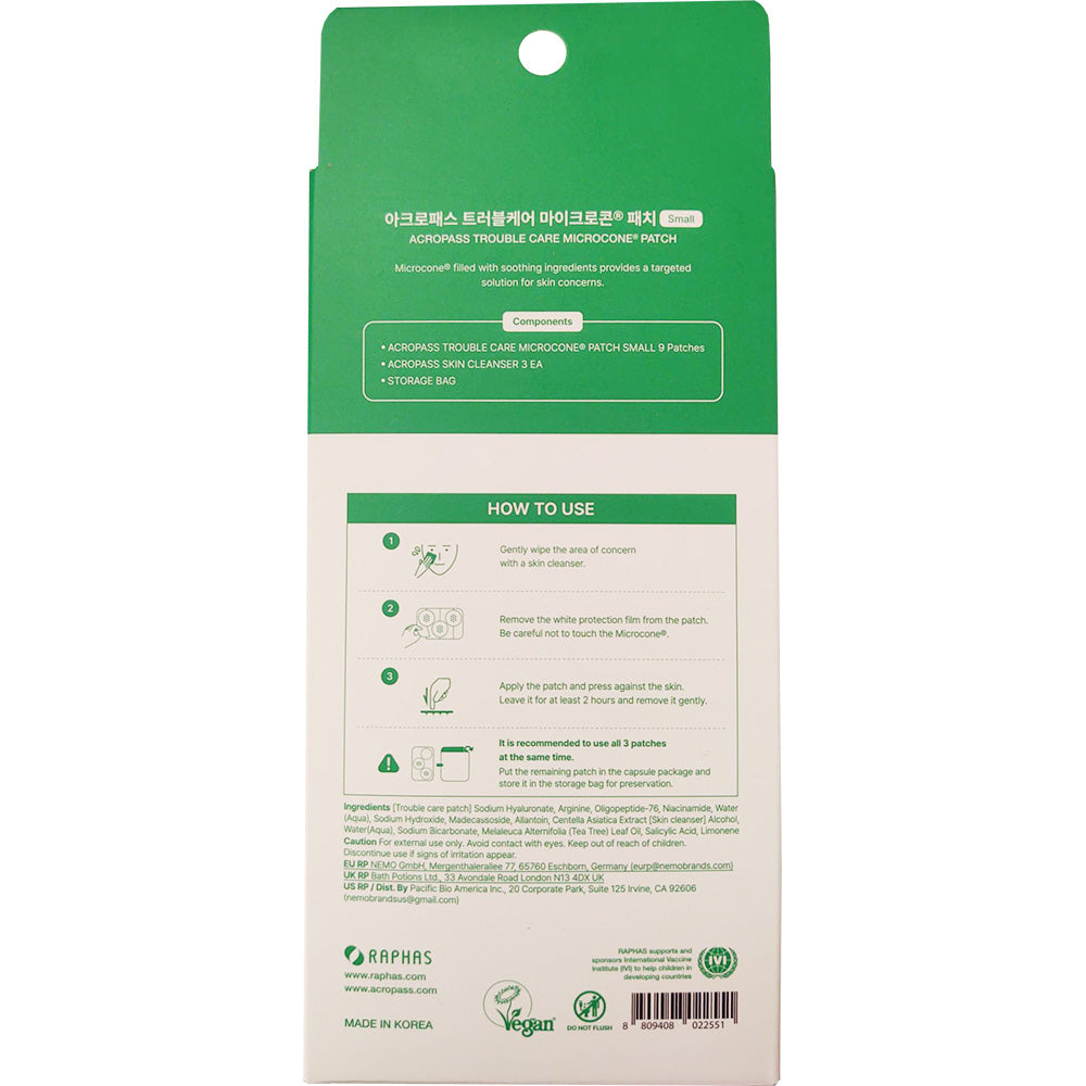 ACROPASS Trouble Care Microcone Patch Small - plasturi formulati cu niacinamide si Centella Asiatica (CICA), care contribuie la ingrijirea localizata a imperfectiunilor si la echilibrarea sebumului - 9 buc