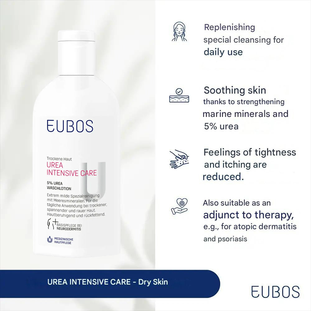 EUBOS Urea Intensivpflege 5% Urea Wasch-Lotion - Duschgel formuliert mit 5% Urea und Glycerin, das zur Aufrechterhaltung eines optimalen Feuchtigkeitsniveaus beiträgt - 200 ml