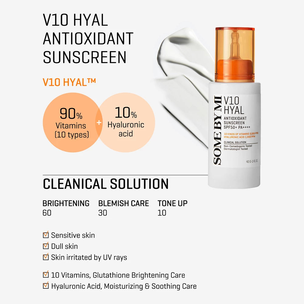 SOME BY MI V10 Hyal Antioxidans Sonnenschutz SPF 50+ PA++++ - Gesichtscreme mit Hyaluronsäure und Niacinamid, die zum Schutz der Haut vor UVA- und UVB-Strahlen und zur Erhaltung der Feuchtigkeit beiträgt - 40 ml