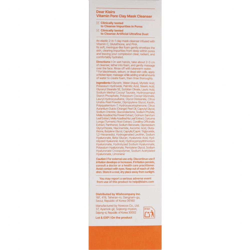 Dear Klairs Vita C Vitamin Pore Clay Mask Cleanser, 150 ml