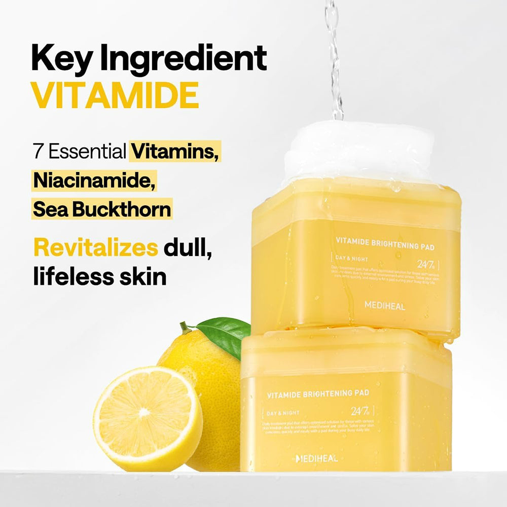 MEDIHEAL Vitamide Brightening Pad - toner de fata formulat cu niacinamida si apa de catina, care contribuie la iluminarea tenului si la uniformizarea aspectului pielii - 100 buc