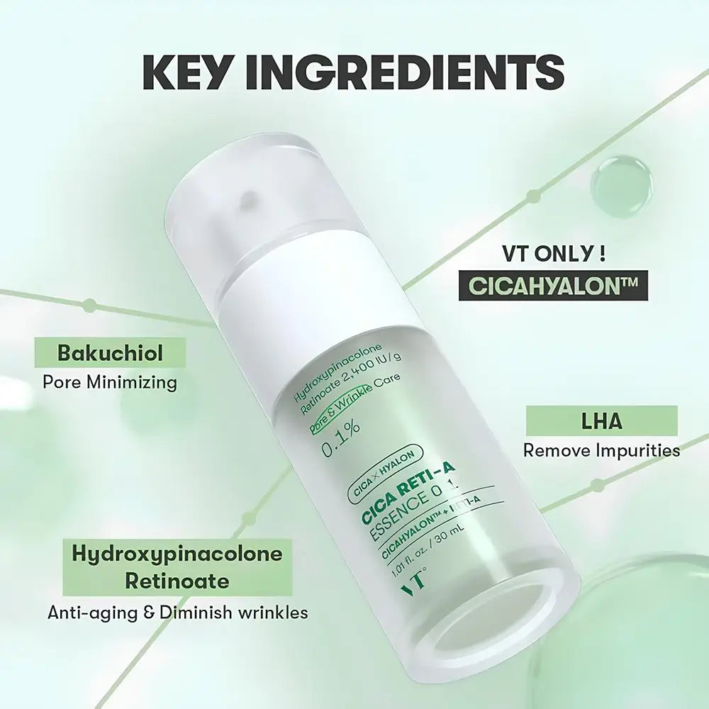 VT COSMETICS VT Cica Reti-A Essence 0.1 - Gesichtsessenz mit Retinol und Hydroxypinacolone Retinoat zur Verbesserung der Hauttextur und Reduzierung von Poren - 30 ml