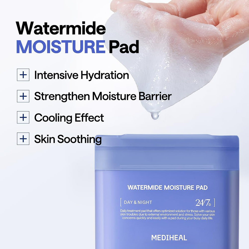 MEDIHEAL Watermide Moisture Pad - toner de fata dischete formulat cu acid hialuronic si squalane, care contribuie la hidratarea pielii si la revigorarea tenului cu aspect obosit- 100 buc