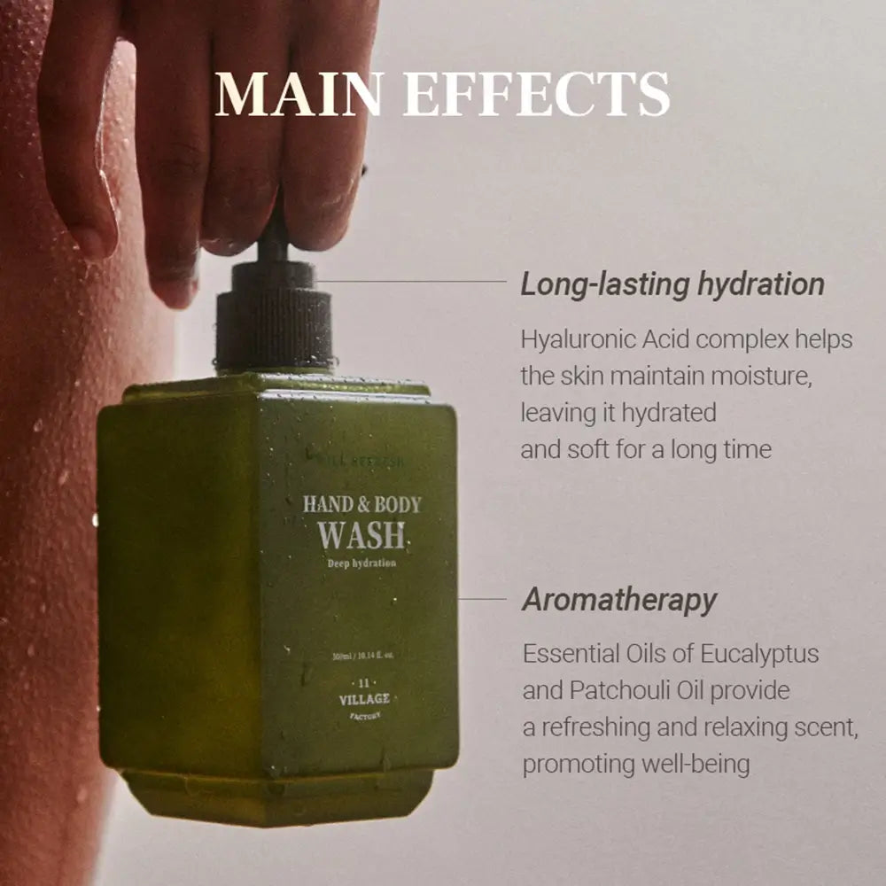VILLAGE 11 FACTORY Will Refresh Hand And Body Wash - gel de dus formulat cu ulei de eucalipt si patchouli, care contribuie la curatarea pielii si la mentinerea confortului cutanat - 300 ml