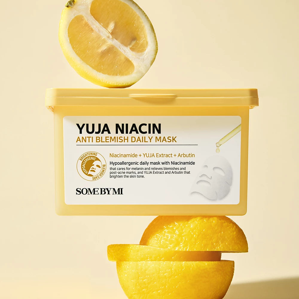 SOME BY MI Yuja Niacin Anti-Blemish Tägliche Maske - Set mit 30 Gesichtsmasken, formuliert mit Niacinamid und Yuzu-Extrakt, die zur Hauttonaufhellung und Ausstrahlung beitragen - 30 Stück