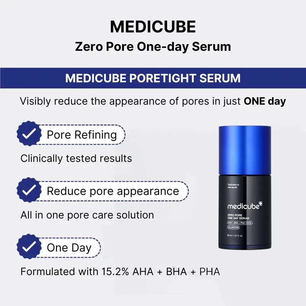 MEDICUBE Zero Pore One Day Serum - Gesichtsserum mit 1% AHA und 2% Niacinamid zur sichtbaren Reduzierung von Poren und Talgüberschuss - 30 ml