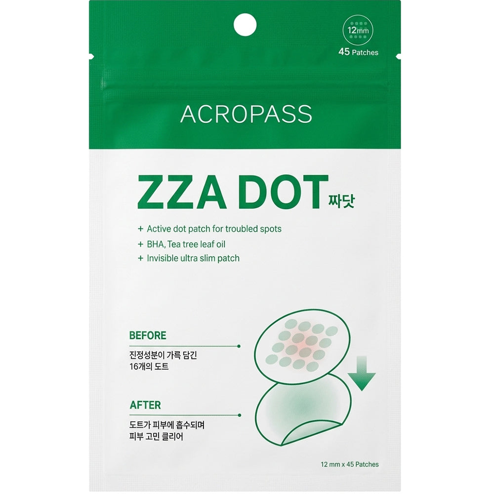 ACROPASS ZZA DOT - plasturi formulati cu BHA (acid salicilic) si ulei de Tea Tree, care contribuie la ingrijirea locala a zonelor cu imperfectiuni si la metinerea zonei curate - 45 buc