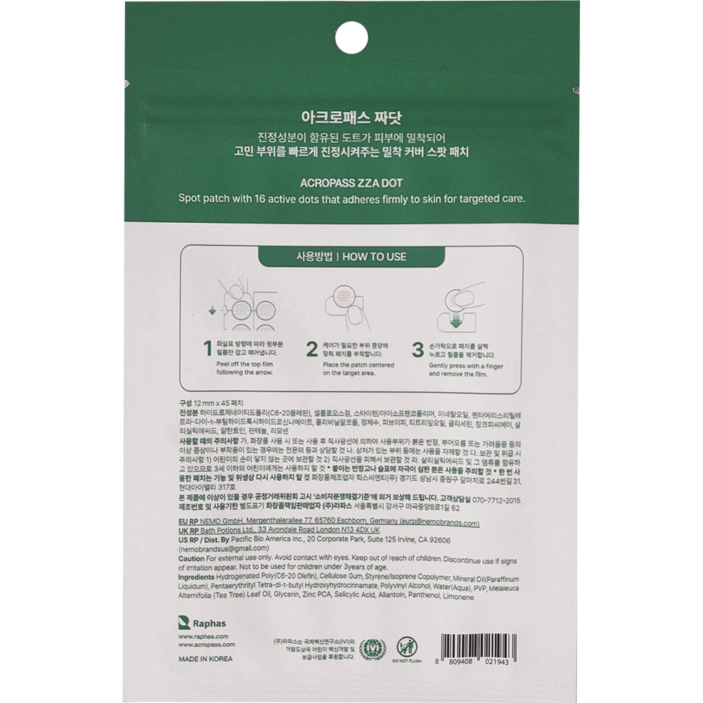 ACROPASS ZZA DOT - plasturi formulati cu BHA (acid salicilic) si ulei de Tea Tree, care contribuie la ingrijirea locala a zonelor cu imperfectiuni si la metinerea zonei curate - 45 buc